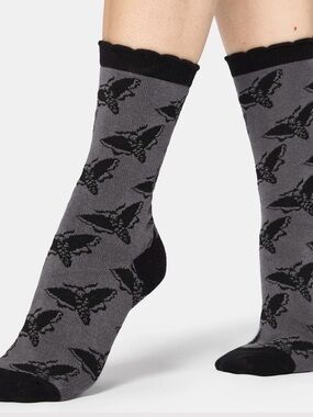 Disturbia Gray Crew Socks with Black Moth Motif